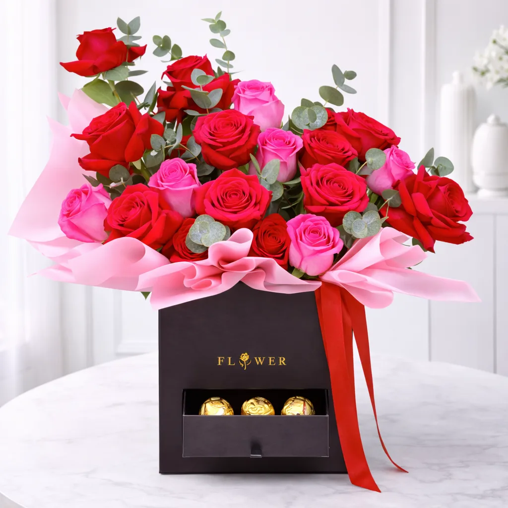 Red and pink rose arrangement in black box with chocolate drawer