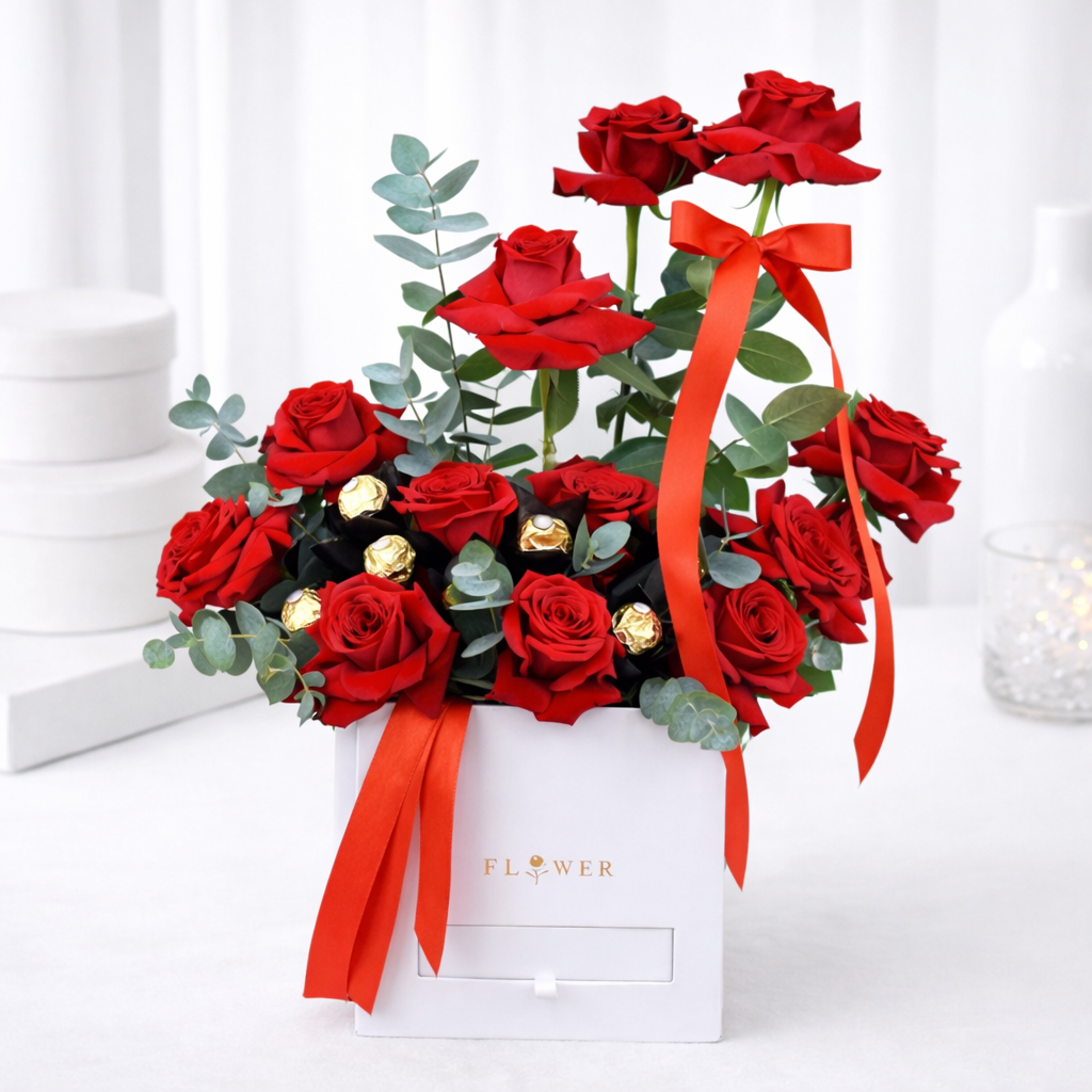Ruby Delight Luxe Box – Red Roses with Ferrero Rocher