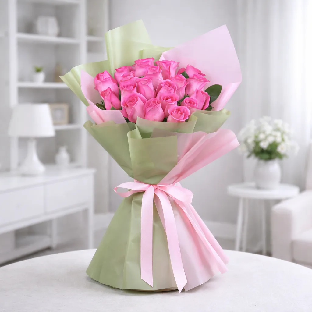 Pink rose bouquet wrapped in pastel green and pink paper with ribbon