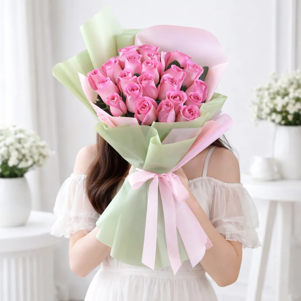 Woman holding pink rose bouquet wrapped in pastel paper