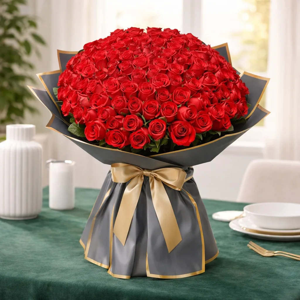 Large red rose bouquet wrapped in grey paper with gold ribbon