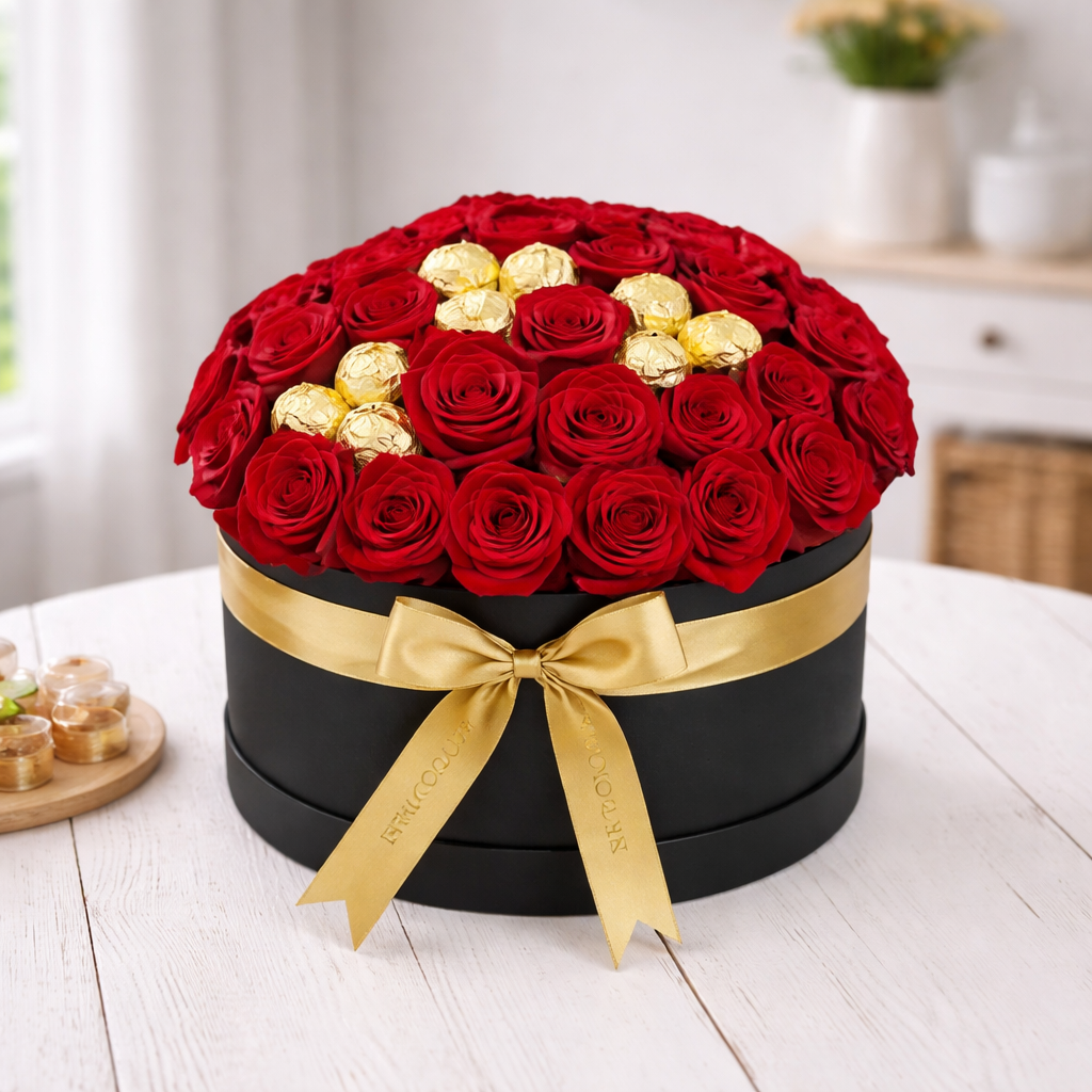 Red rose box arrangement with gold chocolates and ribbon