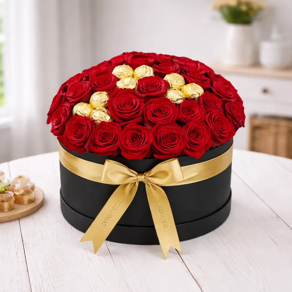 Red rose box arrangement with gold chocolates and ribbon