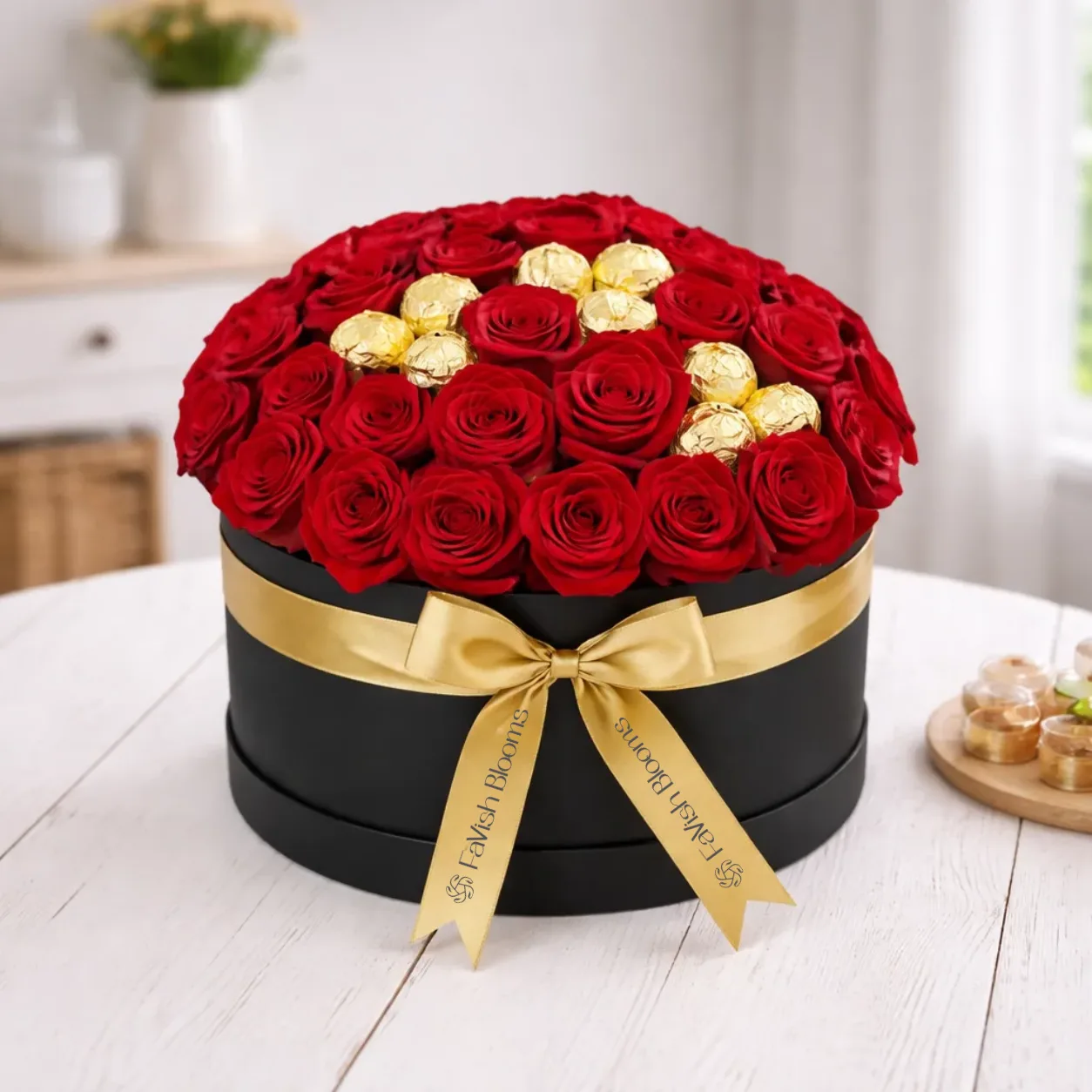 Red rose box arrangement with gold chocolates and ribbon
