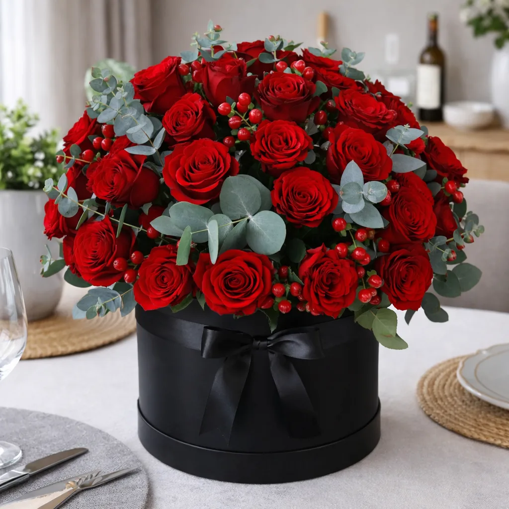 Red rose arrangement with eucalyptus and berries in black round box