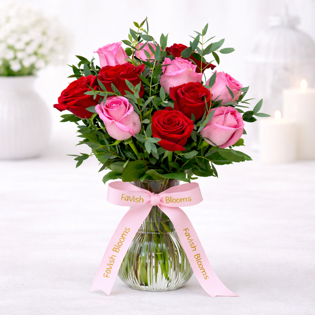 Red and pink rose bouquet in glass vase with ribbon