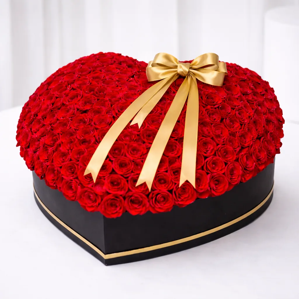 Luxury heart-shaped red rose arrangement with gold satin bow in a black and gold gift box
