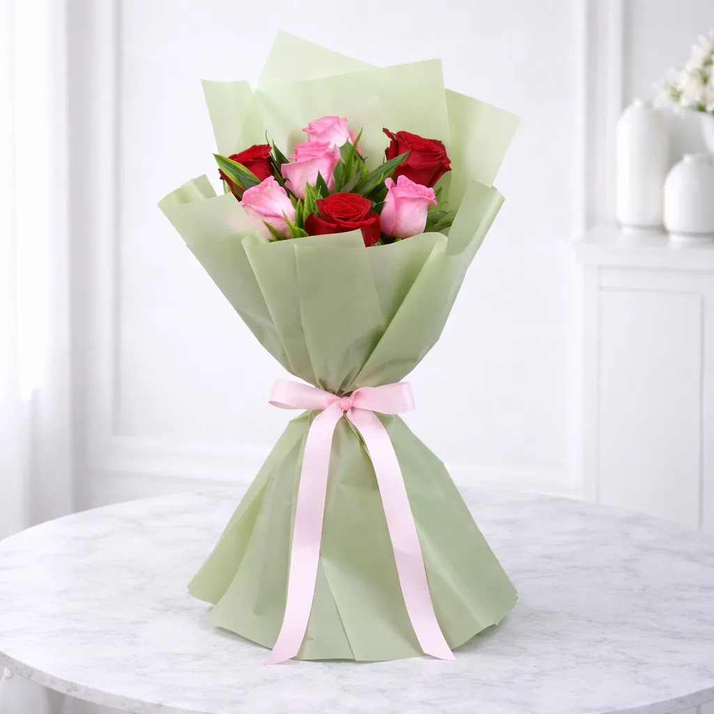 Pink and red rose bouquet wrapped in sage green paper with pink ribbon