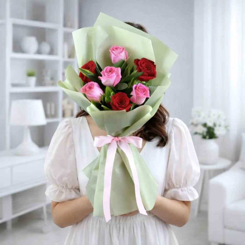 Close-up mixed roses bouquet with green wrapping on marble table