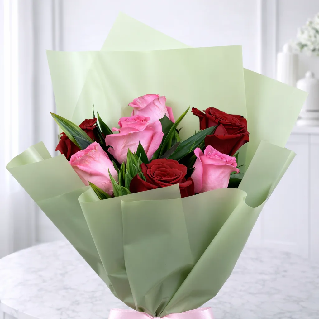 Woman holding mixed pink and red rose bouquet with ribbon