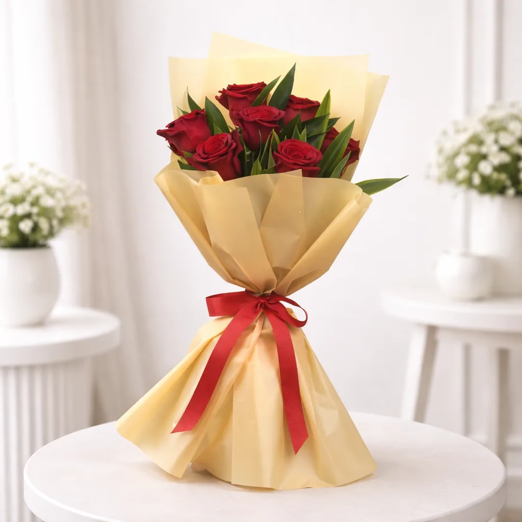 Red rose bouquet wrapped in beige paper with red ribbon on white table