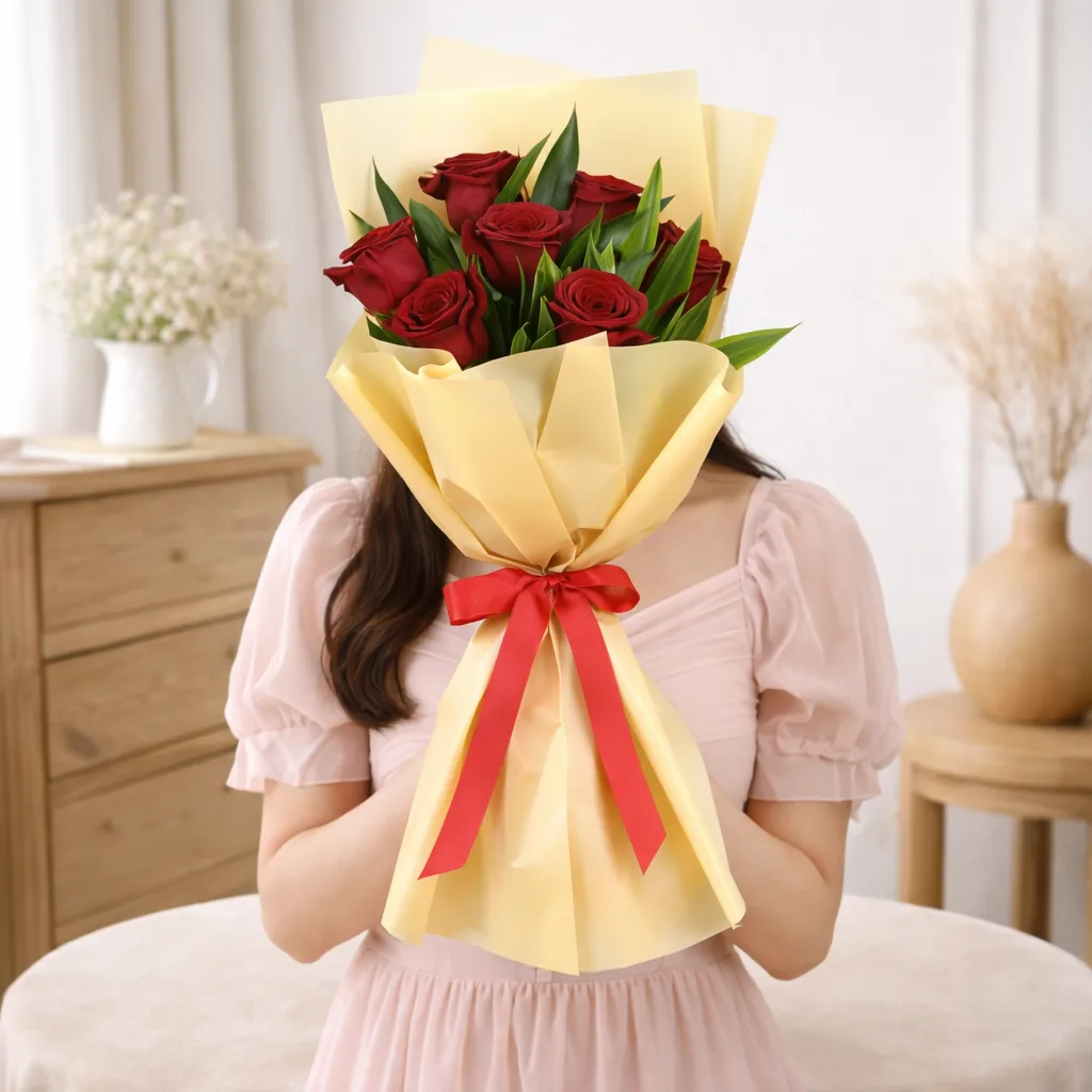 Woman holding red rose bouquet wrapped in beige paper with ribbon