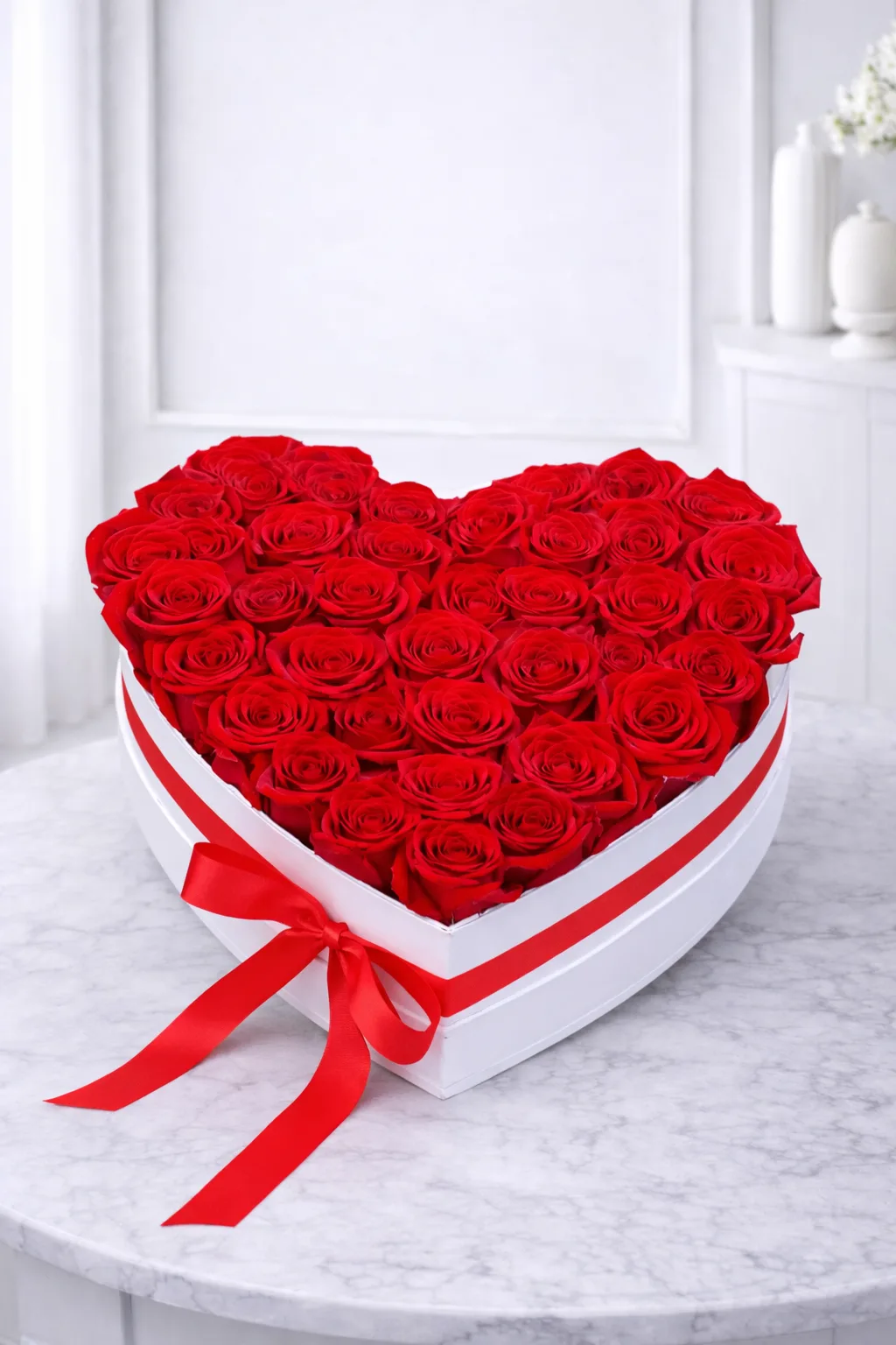 Heart-shaped white box filled with red roses and ribbon on marble table
