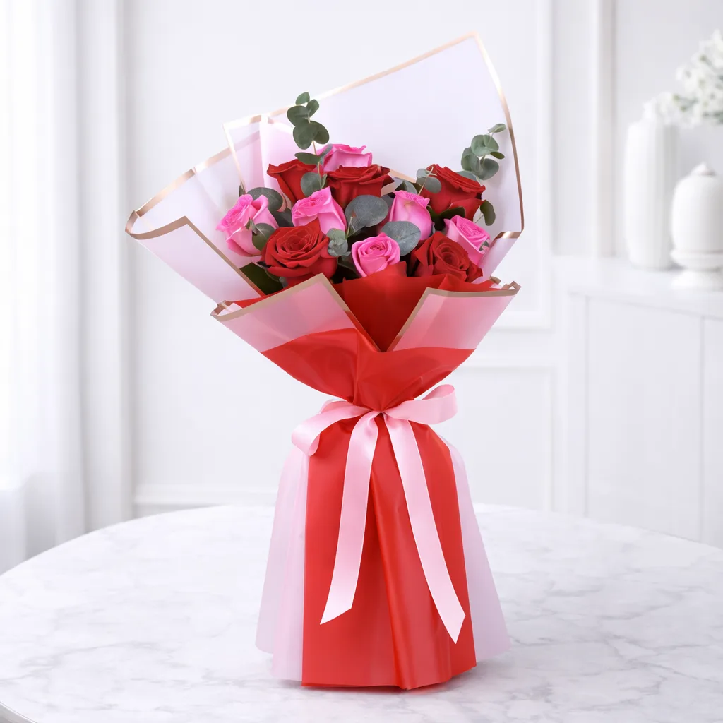 Red and pink roses bouquet wrapped in red and white luxury paper