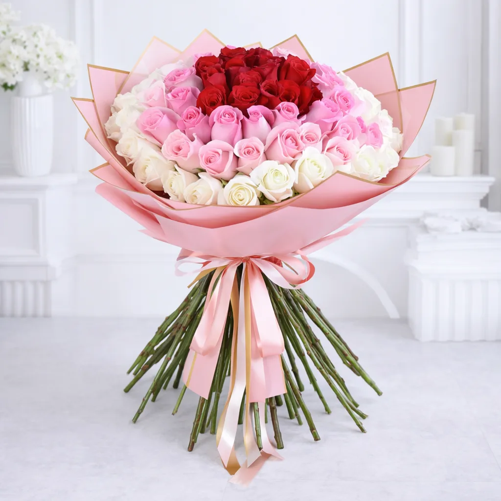 Luxury bouquet of red, pink and white roses wrapped in pastel pink paper