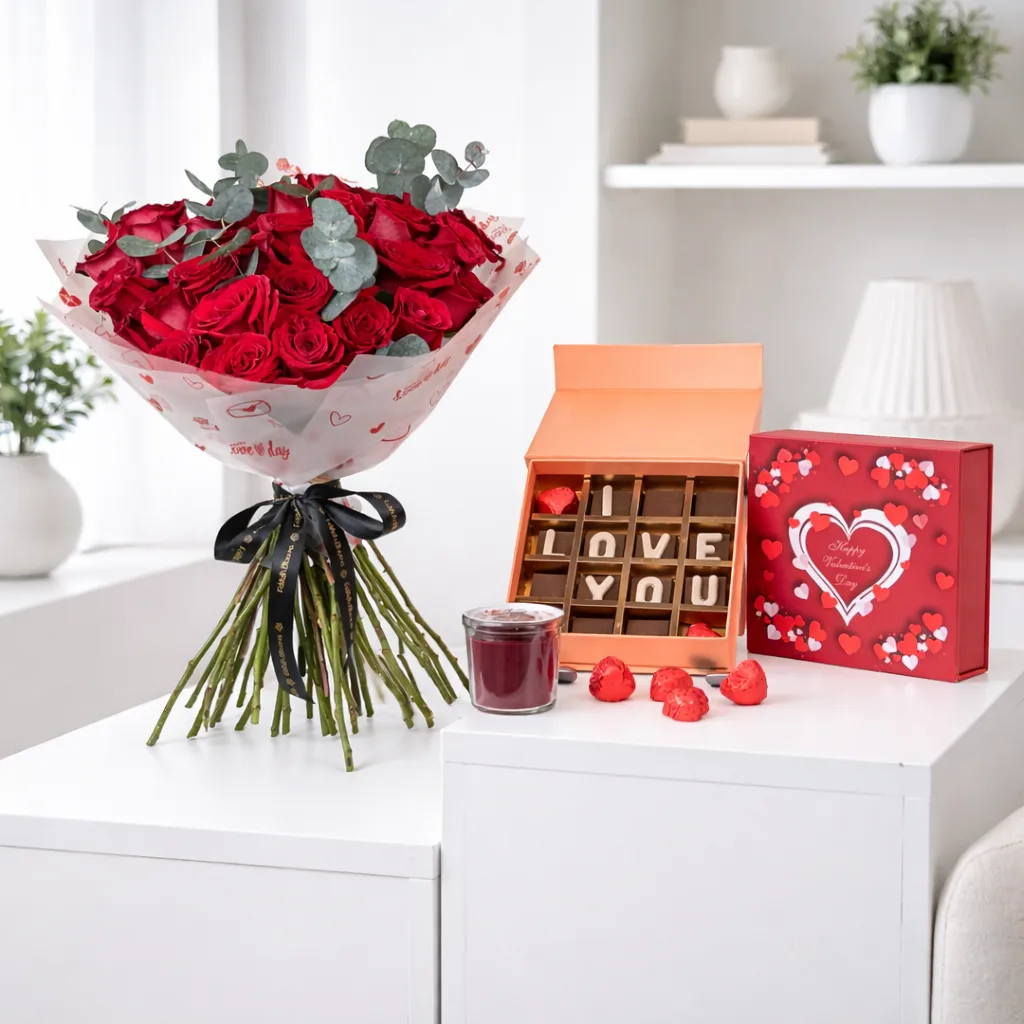 Red roses bouquet with Valentine chocolate box and candle gift set