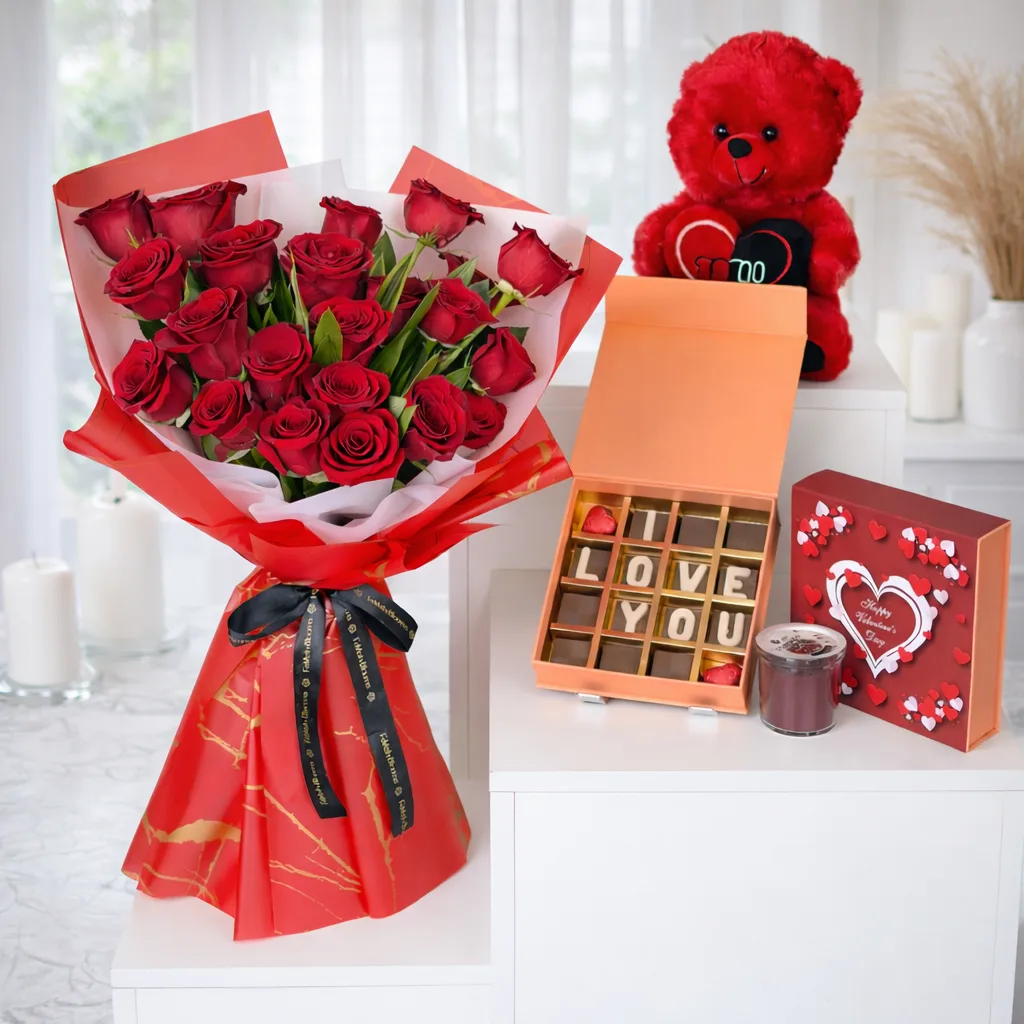 Red roses bouquet gift set with teddy bear, chocolates and candle
