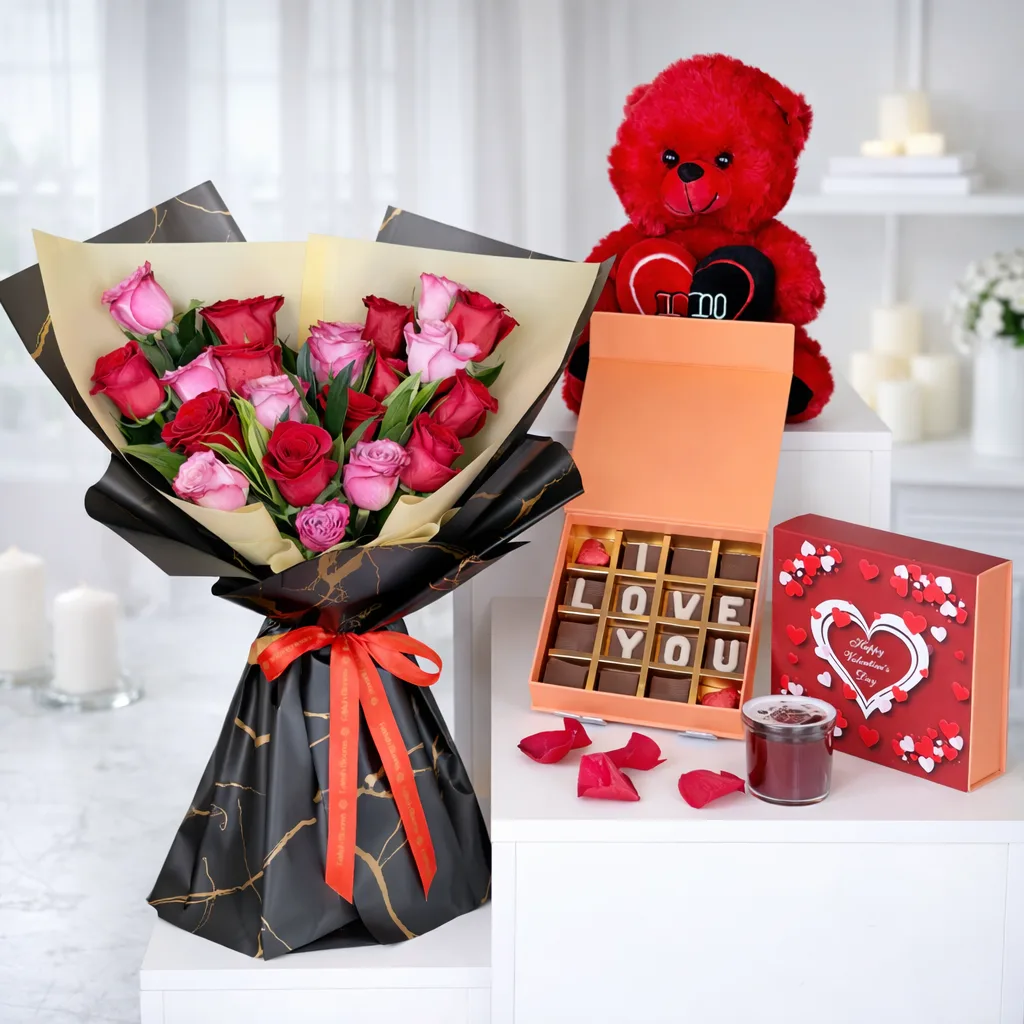 Romantic roses bouquet gift set with teddy bear, chocolates and candle