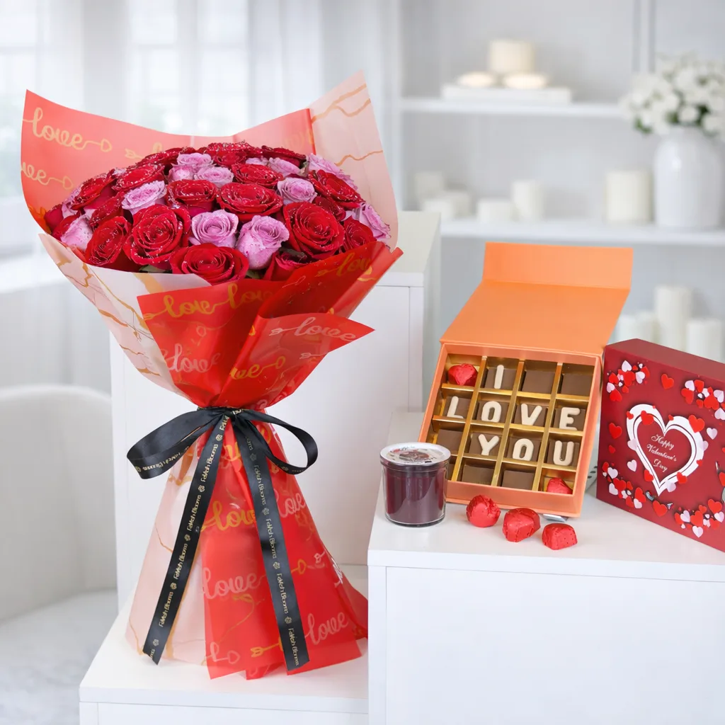 Red and pink roses bouquet with Valentine chocolates and candle gift set