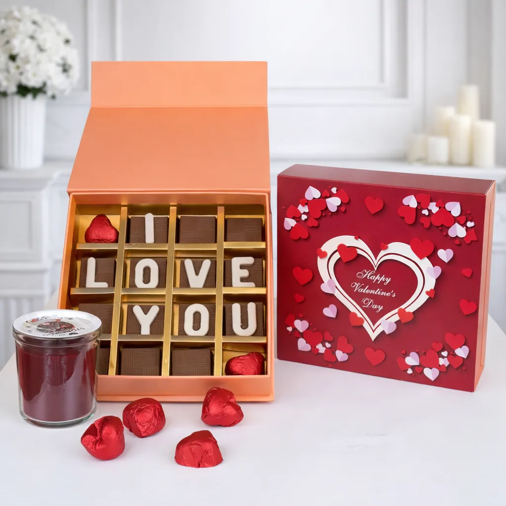 Valentine chocolate box with “Love You” letters and heart candies