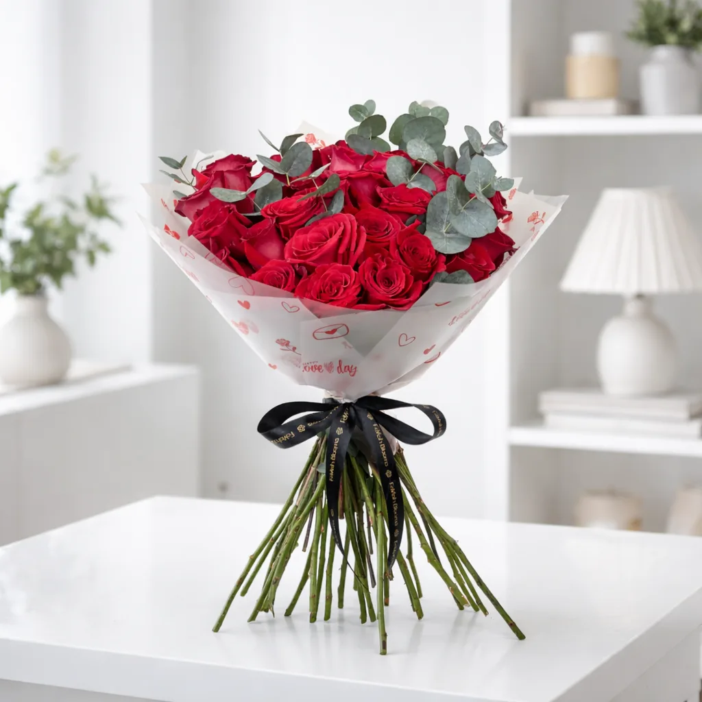 Hand-tied red roses bouquet with eucalyptus wrapped in white paper and black ribbon