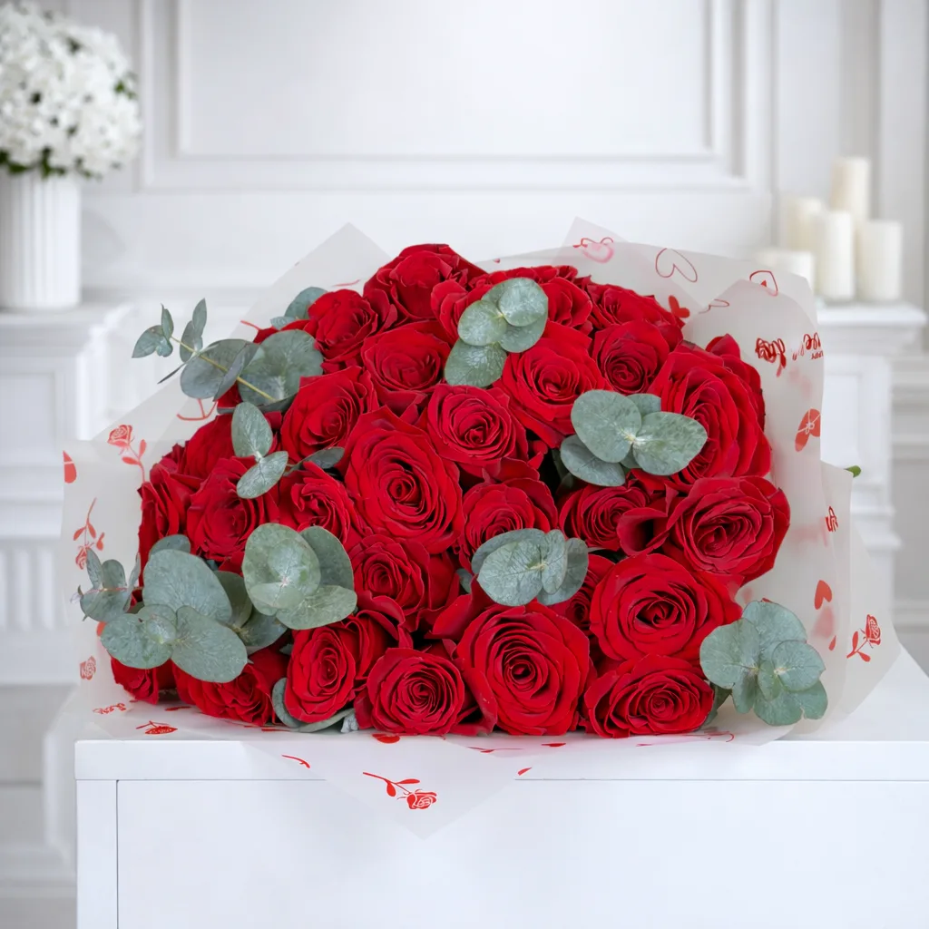 Luxury arrangement of fresh red roses with eucalyptus leaves on white table