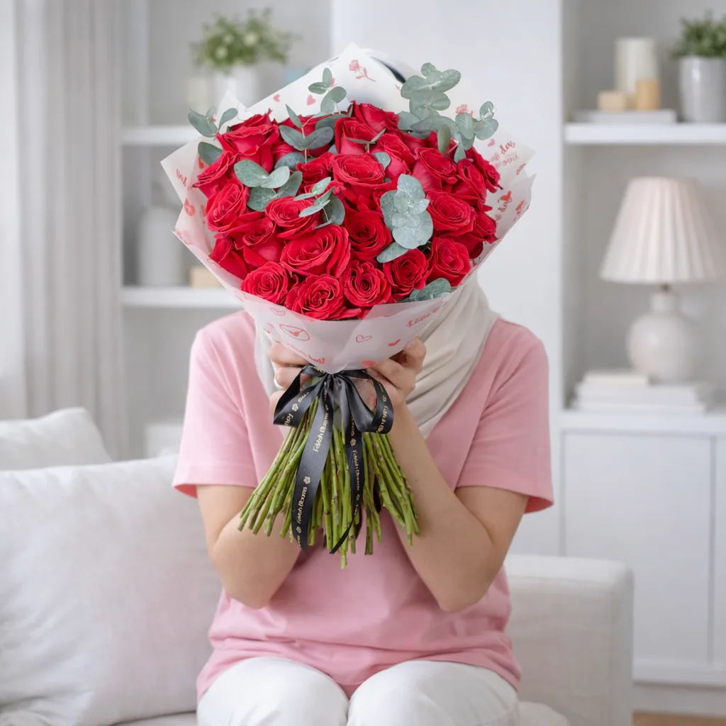 Person holding large red roses bouquet wrapped in decorative paper