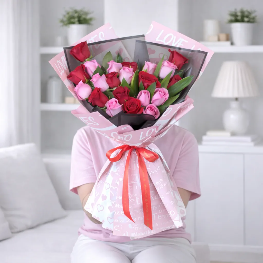 Person holding pink and red roses bouquet wrapped in decorative love paper