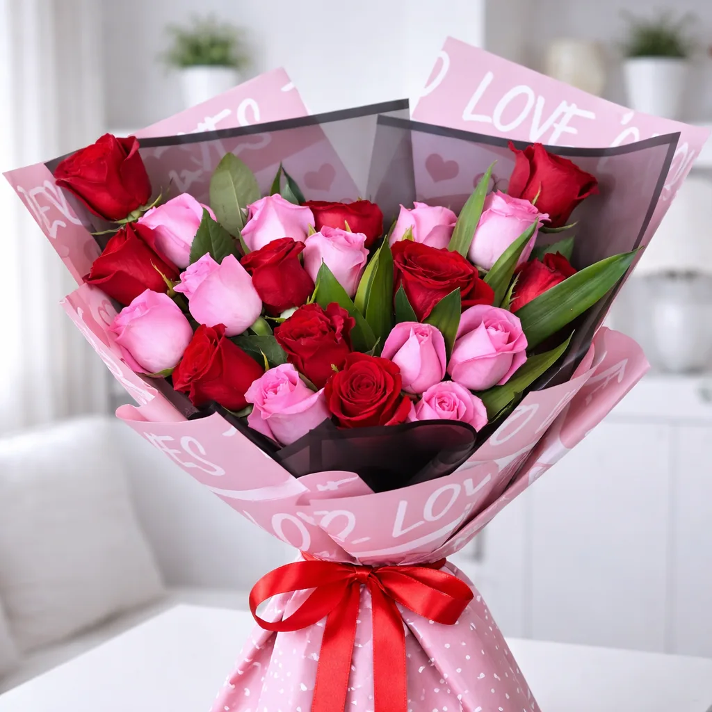 Close-up of mixed pink and red roses bouquet with red ribbon wrapping