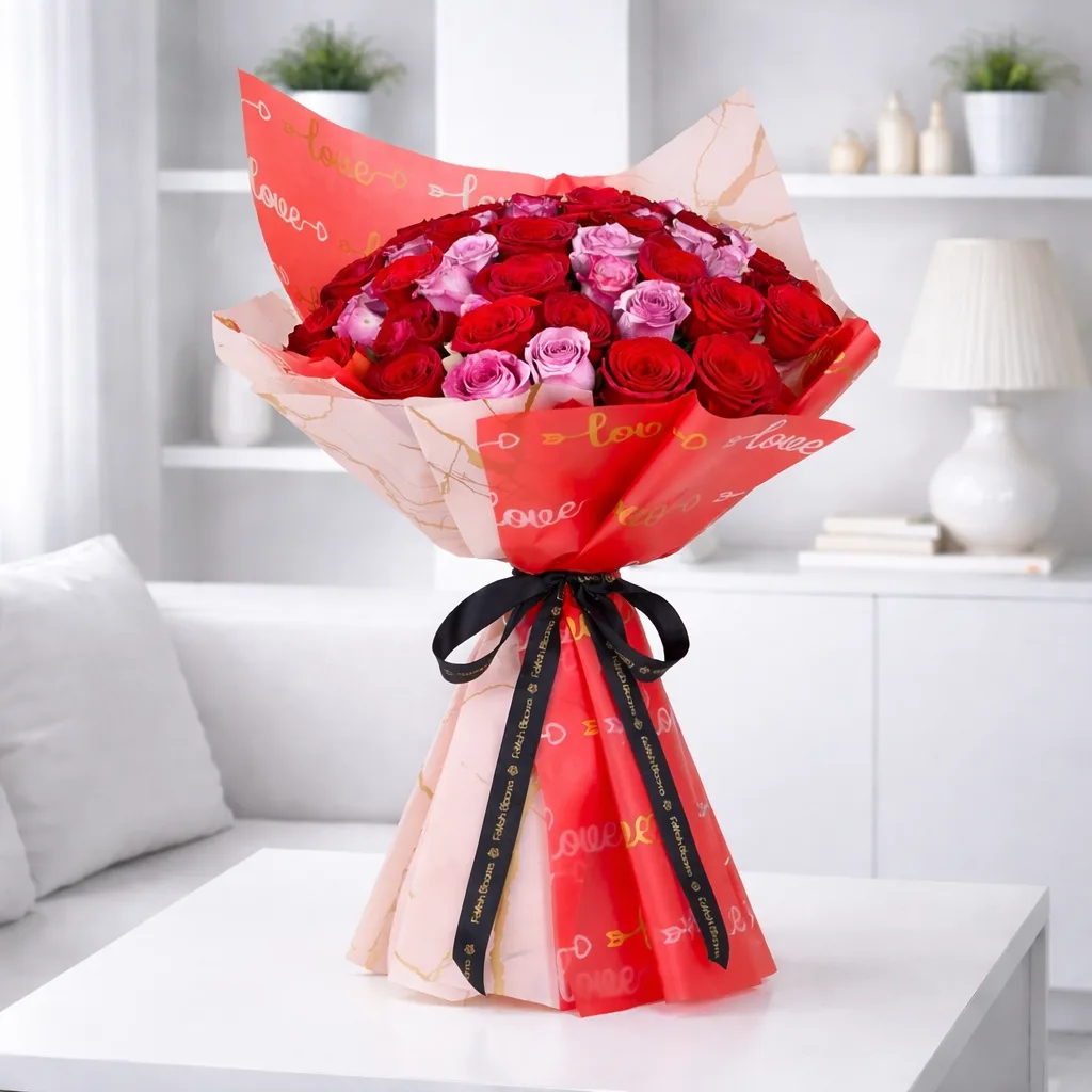 Romantic red & pink roses bouquet premium love wrapping