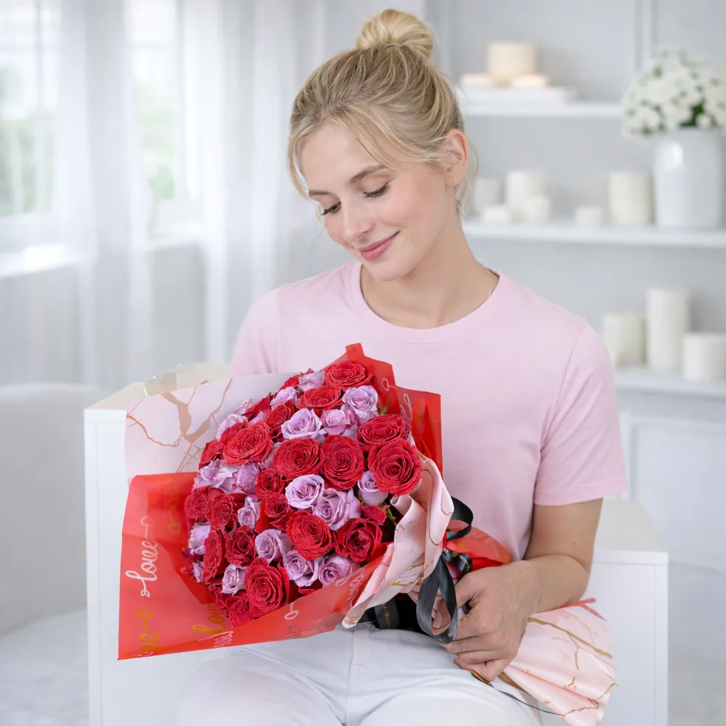 a girl with a romantic mixed flower bouquet