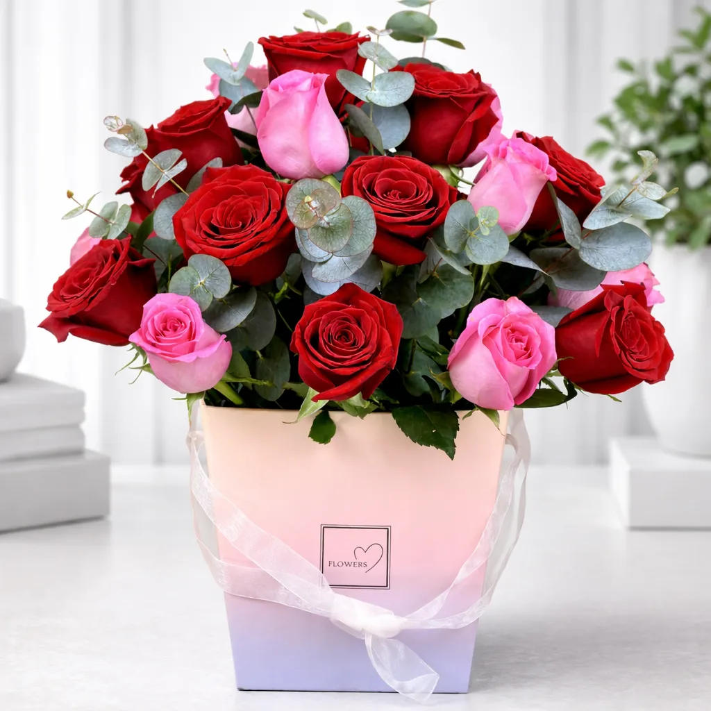 Romantic mixed rose box bouquet with eucalyptus greenery