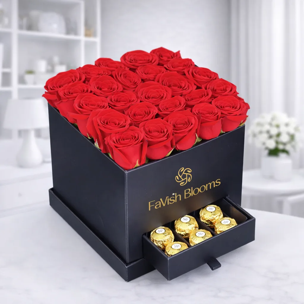 Premium rose arrangement with Ferrero chocolates box