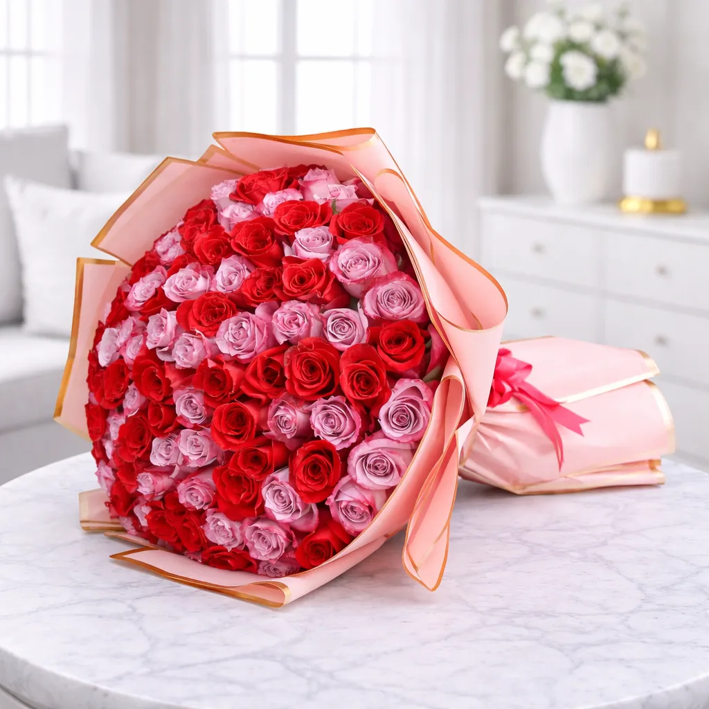 Luxury red and pink rose bouquet wrapped in premium paper