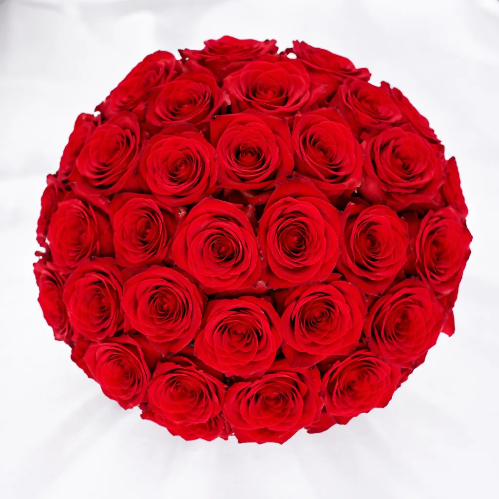 Top view of fresh red rose dome bouquet