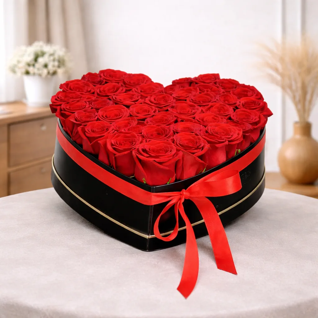 Heart shape red rose luxury box with ribbon bow