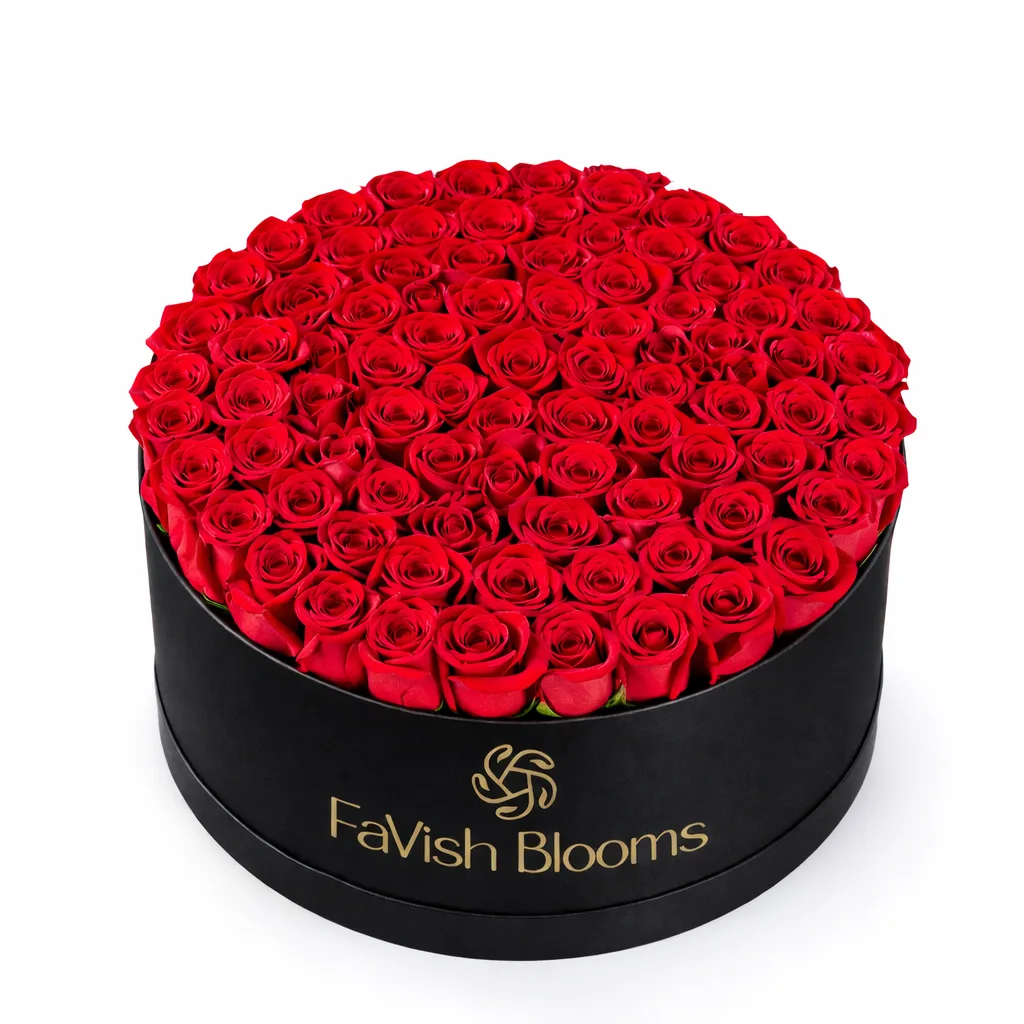 Premium round box filled with fresh red roses bouquet