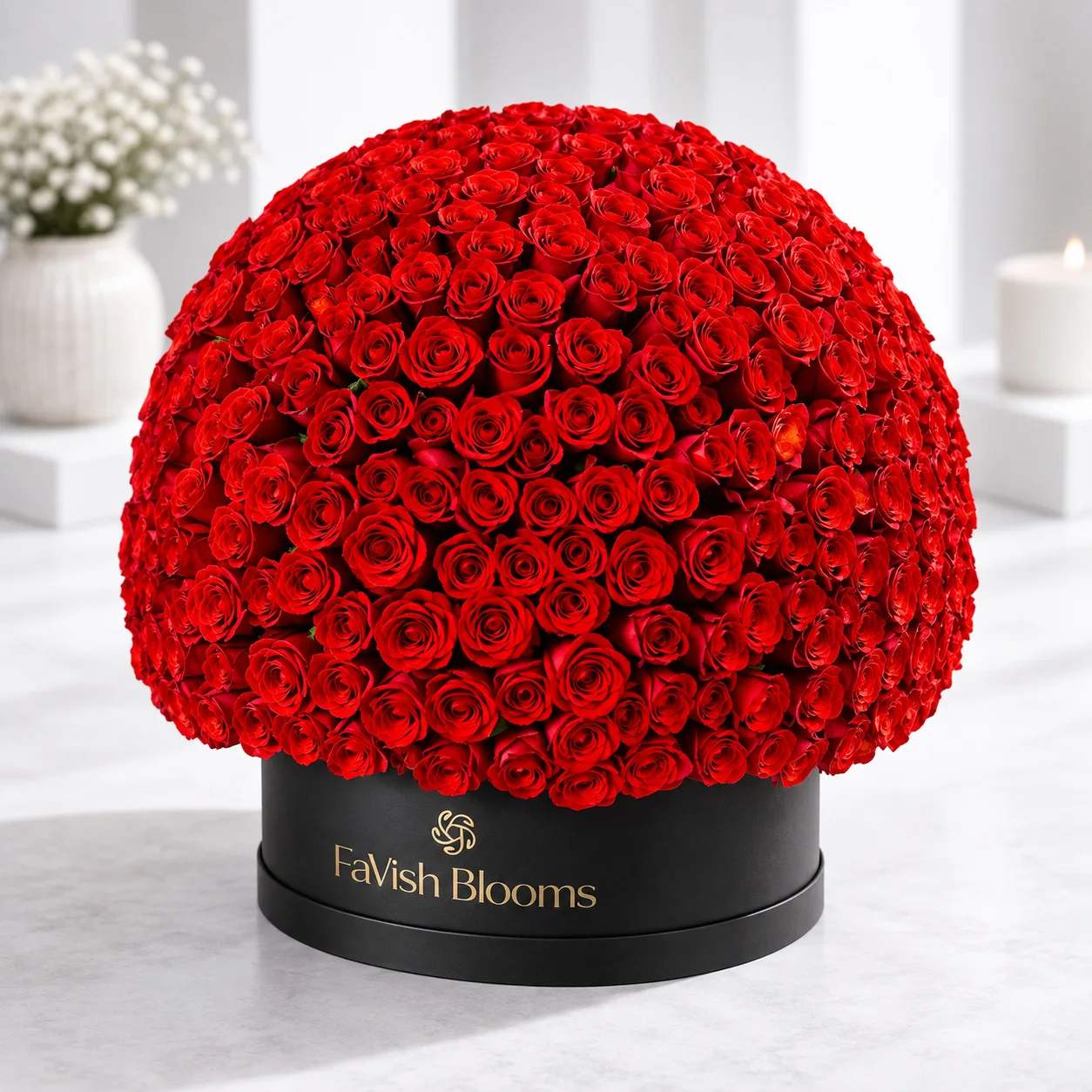 A Year of Love 365 Red Roses Hat Box featuring an elegant arrangement of fresh red roses