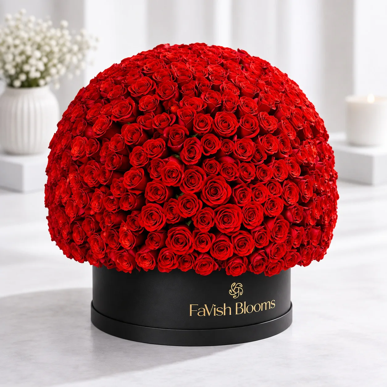 A Year of Love – 365 Red Roses Hat Box with premium red roses arranged in a luxury round box