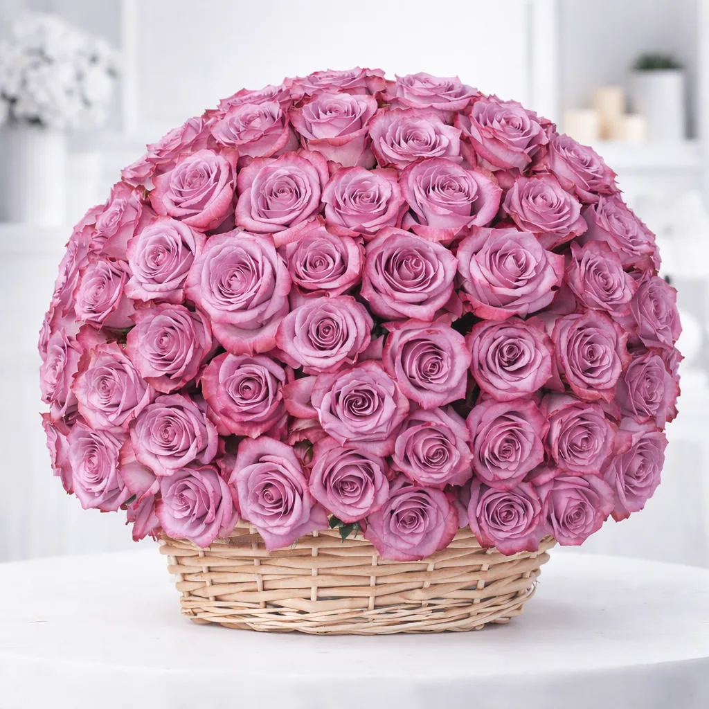 Elegant basket filled with fresh pink roses