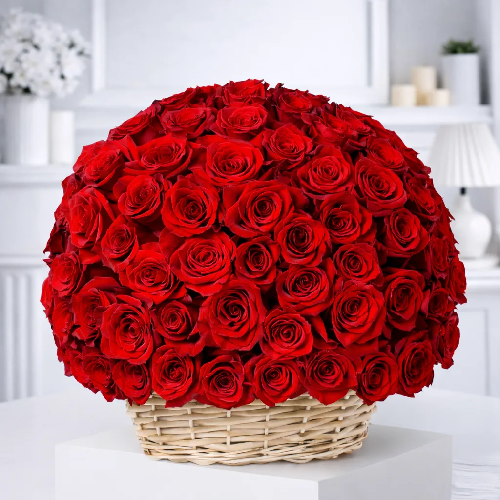 A large dome-shaped bouquet of red roses in a wicker basket.