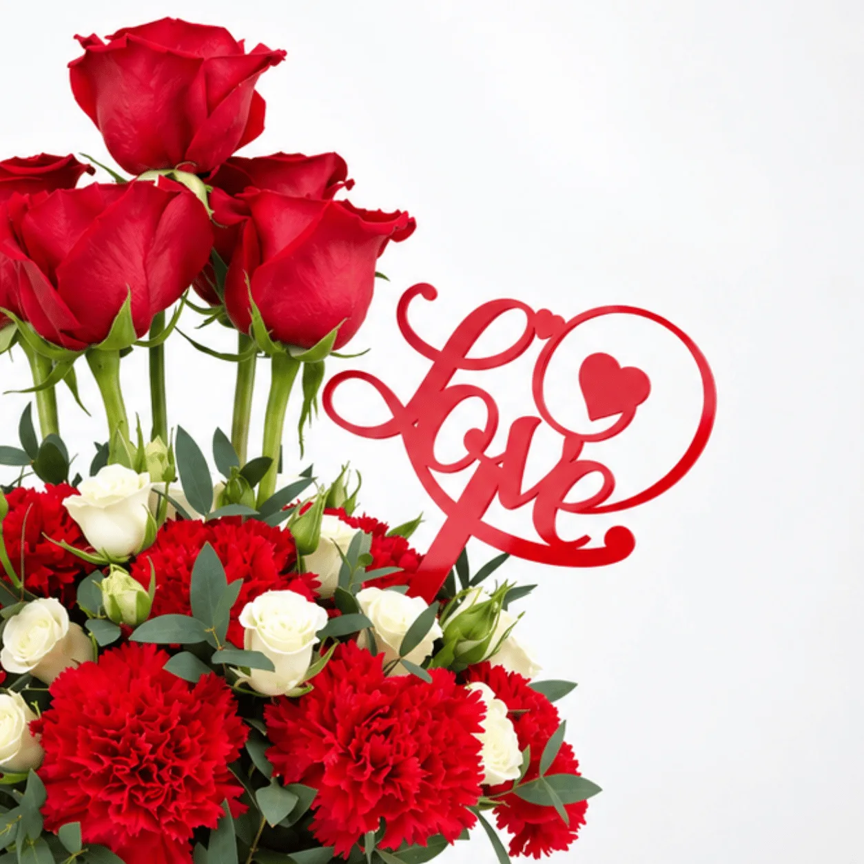 Luxury red and white floral arrangement beautifully designed for romantic gifting in Dubai.
