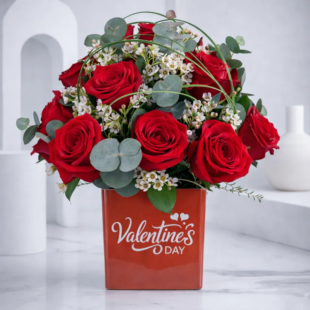 Red rose Valentine bouquet in orange love themed flower box