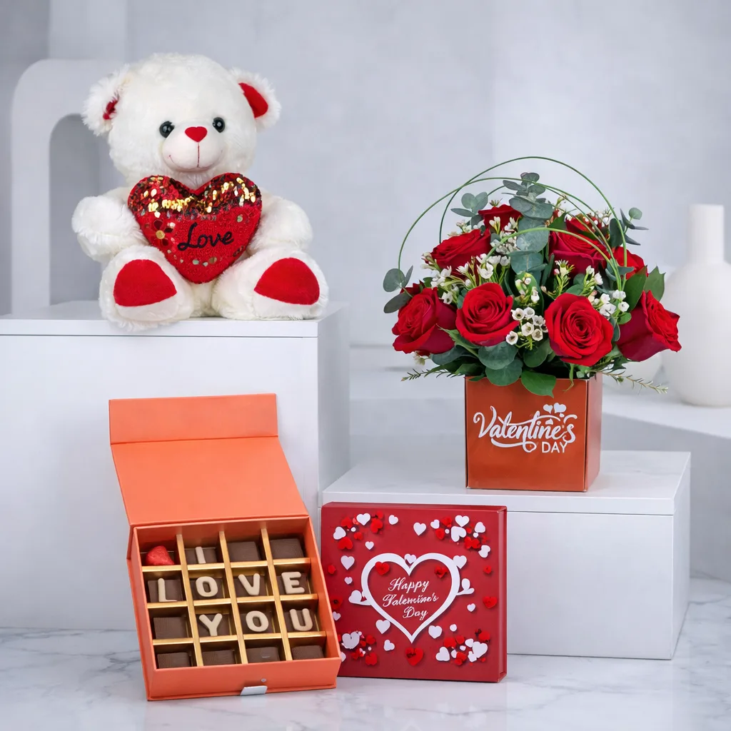 Valentine gift set with teddy bear, red rose bouquet and chocolate love box