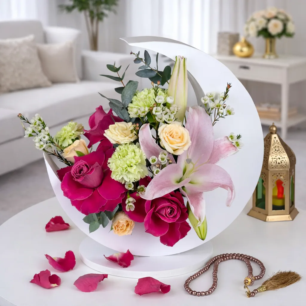 A crescent moon-shaped white floral stand holding a vibrant arrangement of magenta roses, a large pink lily, peach roses, and pale green carnations. Scattered pink petals, a brown tasbih (prayer beads), and a gold lantern surround it on a white table.