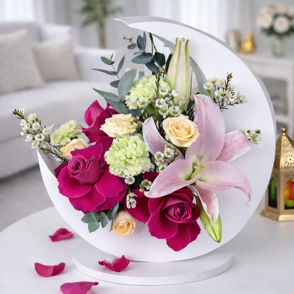 The crescent moon floral arrangement centered on a white table in a bright living room. A gold lantern is visible in the background, and several pink rose petals are scattered around the base of the white stand.