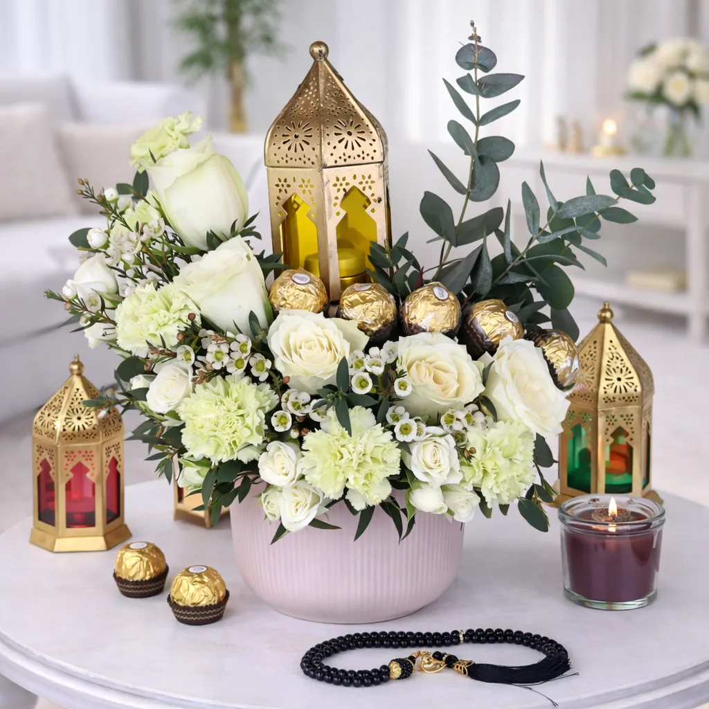 A floral arrangement in a pink bowl featuring white roses, carnations, gold chocolates, and a central gold lantern. The table includes prayer beads, extra chocolates, and a lit candle.