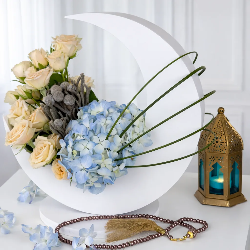 Modern Islamic-inspired flower display in a white crescent moon frame featuring blue hydrangeas, peach roses, and decorative dried accents next to a blue-tinted gold lantern.