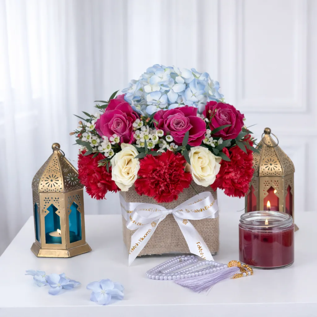 A vibrant floral arrangement featuring blue hydrangeas, pink roses, and red carnations in a burlap-wrapped vase, styled with gold Ramadan lanterns and prayer pearls on a white table.