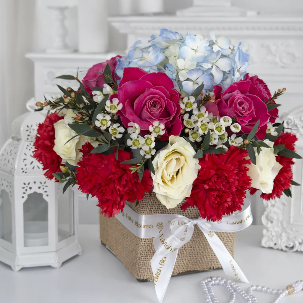 Close-up of a luxury flower bouquet with blue hydrangeas and magenta roses in a burlap square pot tied with a white satin ribbon, set against a bright, elegant interior background.